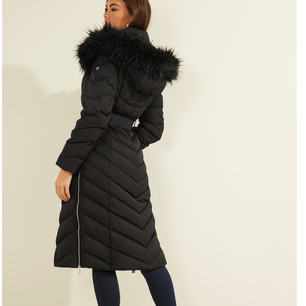 Guess Sofia Belted Longline Coat Jet Black - Picture 6 of 14